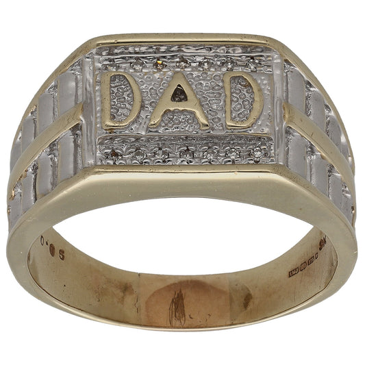 Gold dad ring with DAD lettering, small diamond detail, and textured two-tone face