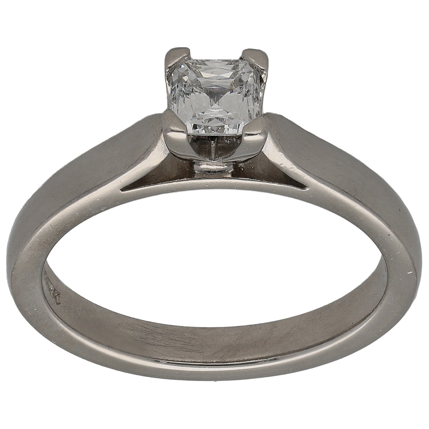 Platinum square-cut diamond solitaire ring with open prongs, plain band