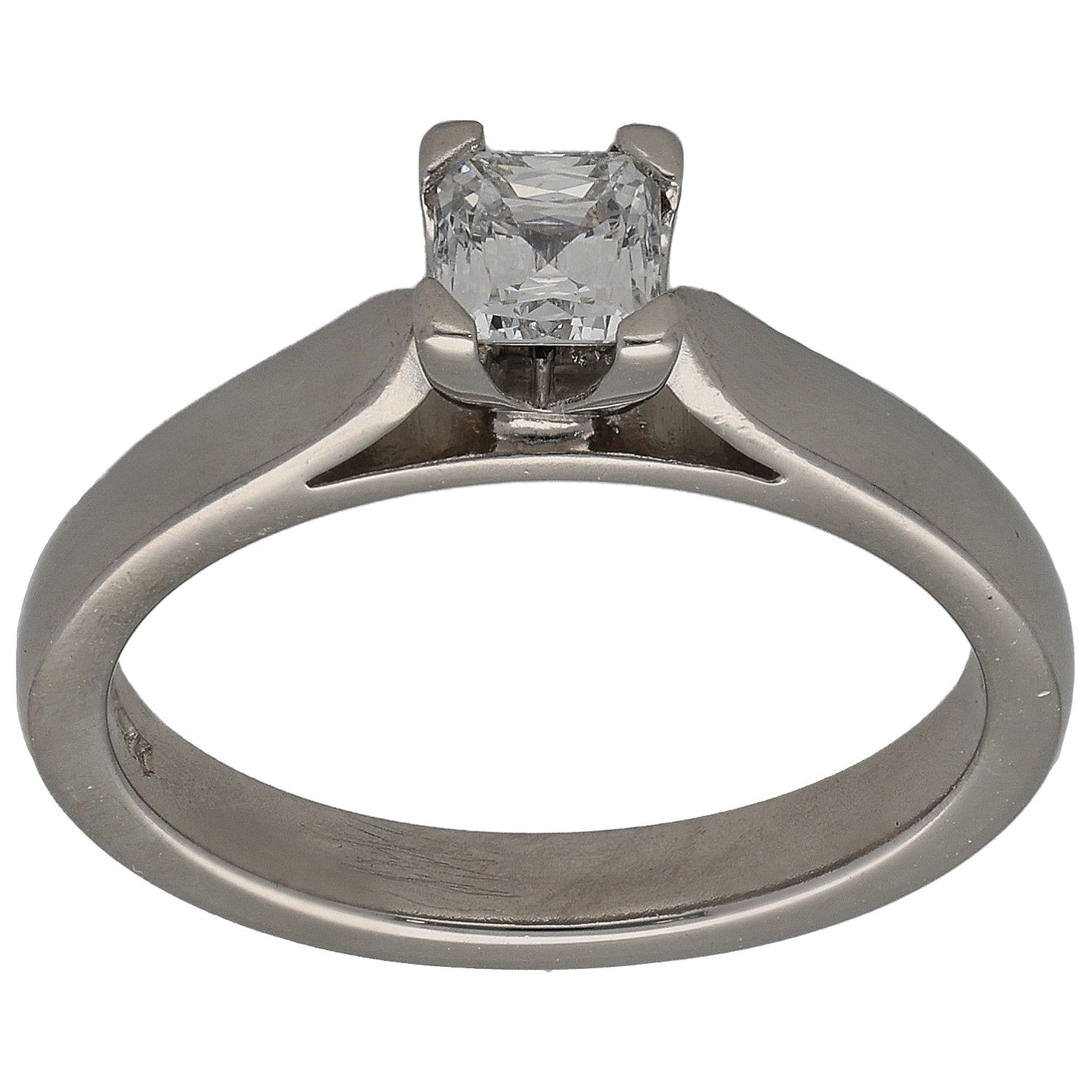 Platinum square-cut diamond solitaire ring with open prongs, plain band