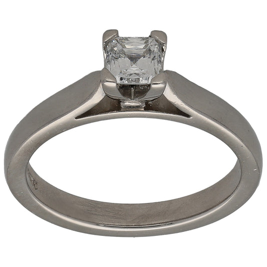 Platinum square-cut diamond solitaire ring with open prongs, plain band