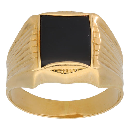 18ct Gold Onyx Patterned Single Stone Signet Ring Size X