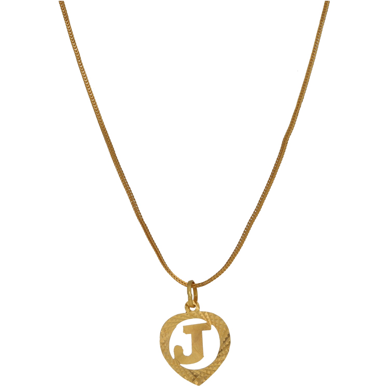 Gold initial pendant necklace with heart charm and J on a fine link chain