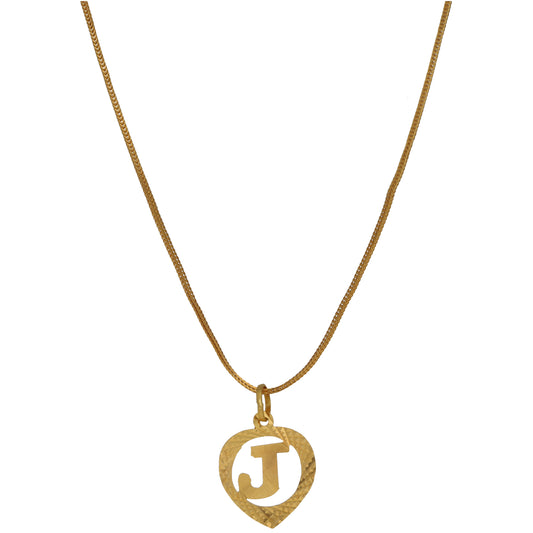 Gold initial pendant necklace with heart charm and J on a fine link chain
