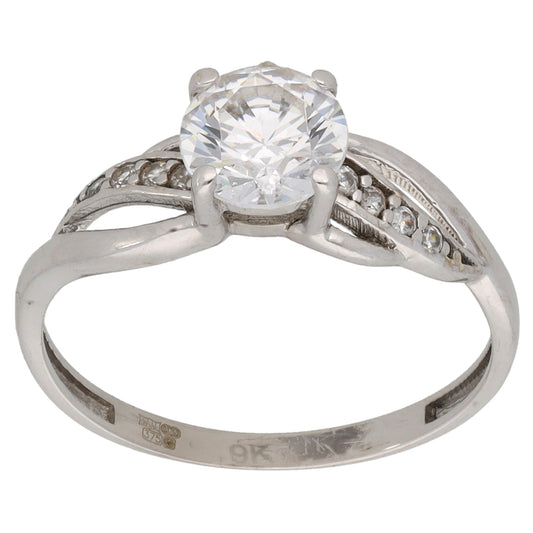 9ct White Gold Cubic Zirconia Single Stone Ring with Accent Stones Size O