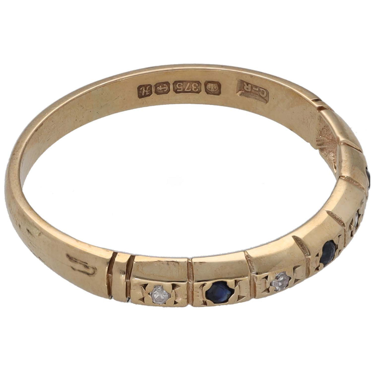 9ct gold half eternity ring, engraved inside band with sapphires and diamonds