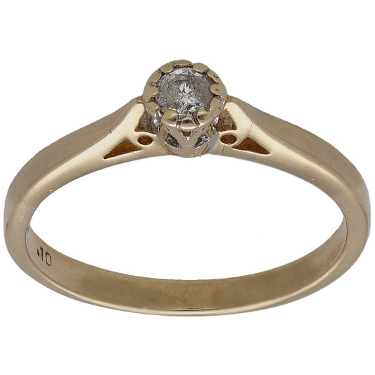 9ct gold solitaire ring with round diamond center stone, openwork shoulders