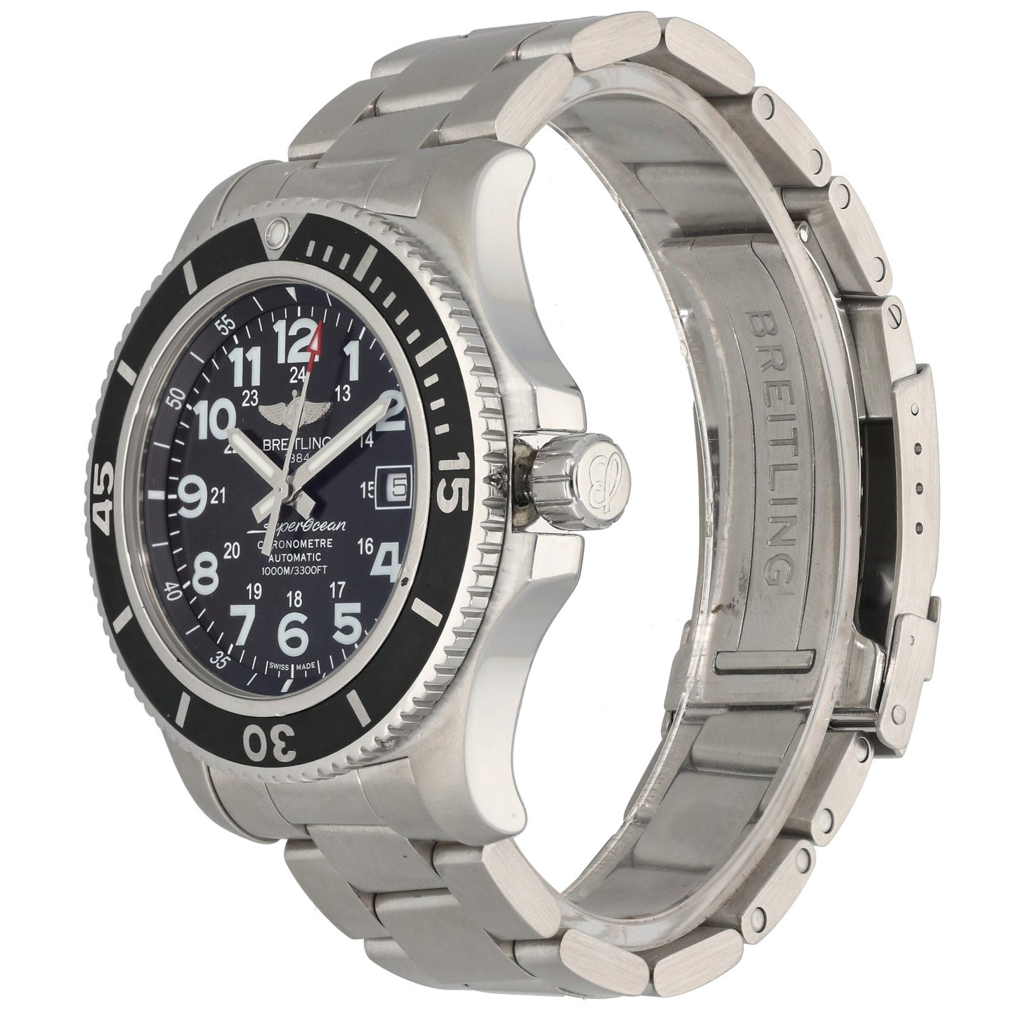 Breitling Superocean II A17392, stainles steel chronometre watch with black dial and bezel, front angle