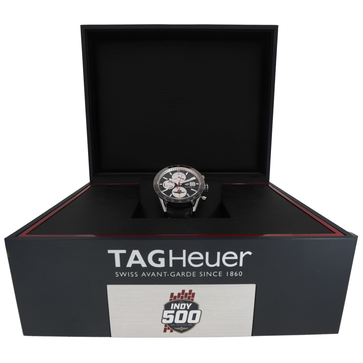 Tag Heuer Carrera CV201AS Stainless steel chronograph watch on open presentation box