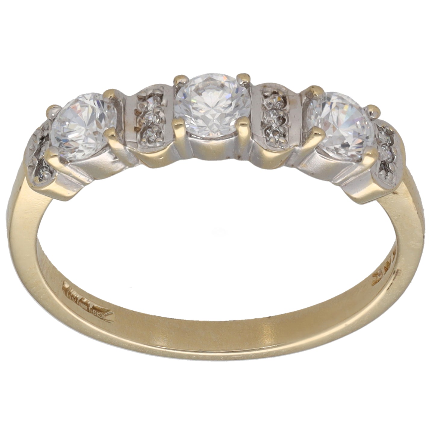 Gold CZ half eternity ring with five round stones, polished band
