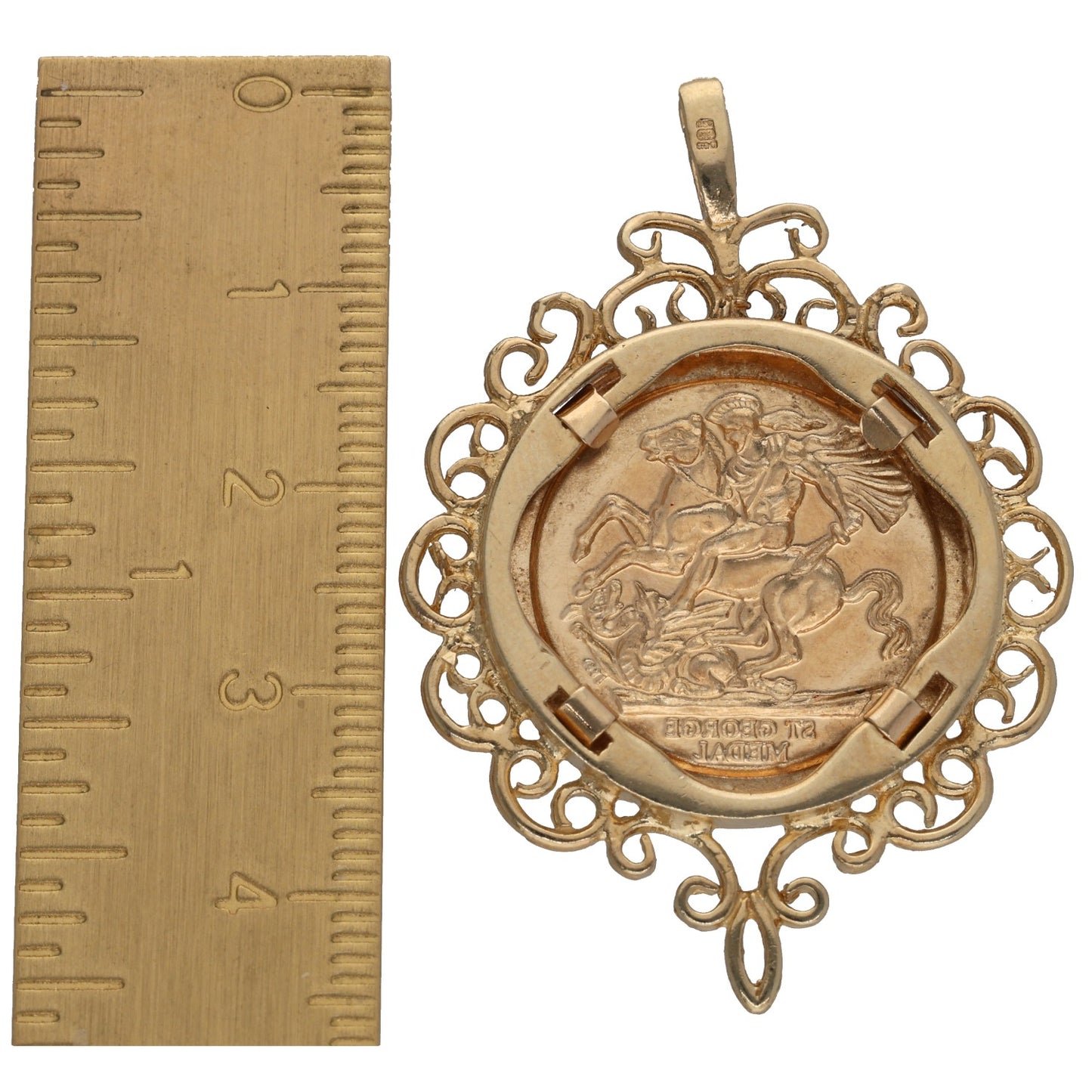 9ct gold St George pendant, filigree surround with horse-and-dragon scene detail