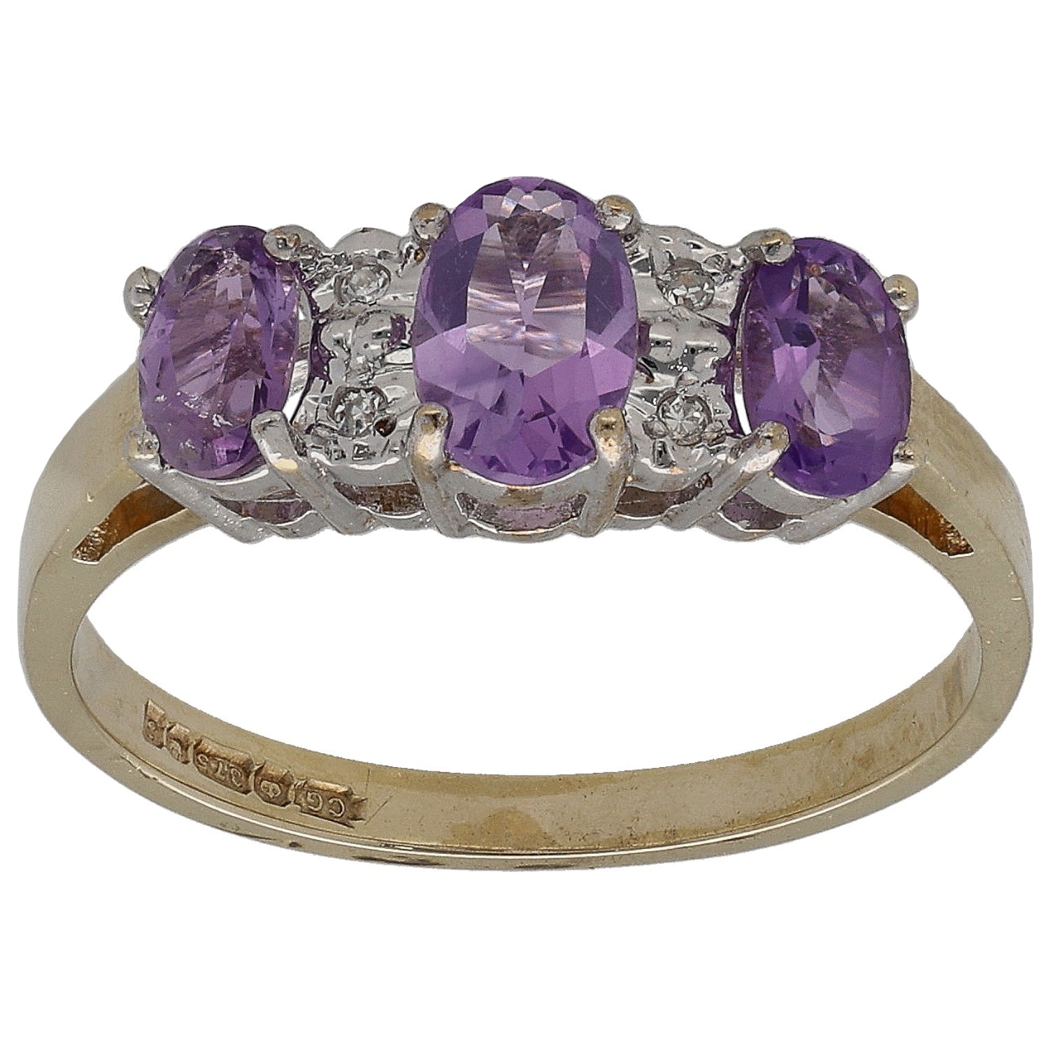 Gold amethyst & diamond half eternity ring, three purple stones, size M