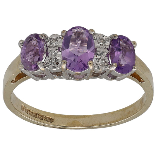 Gold amethyst & diamond half eternity ring, three purple stones, size M