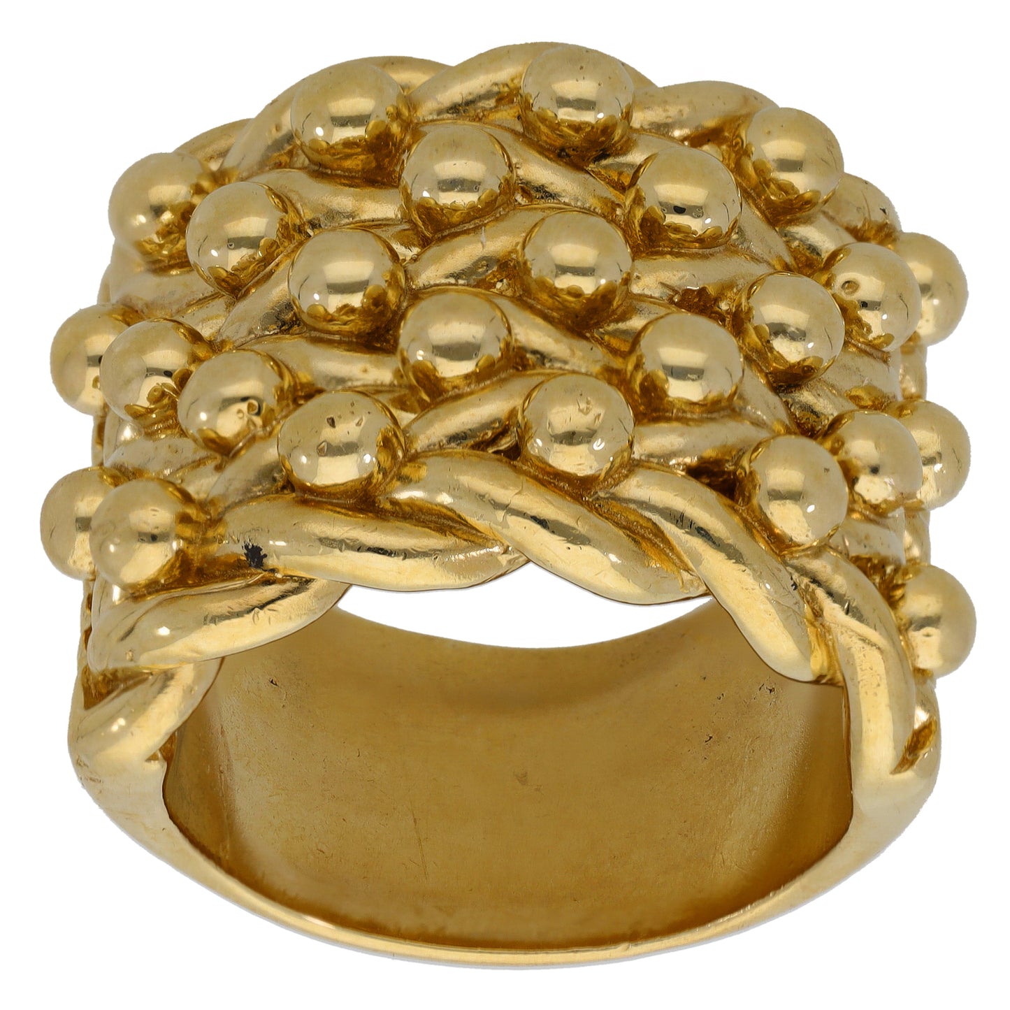 Gold keeper-style ring top with woven pattern, ribbon curves, and bead accents