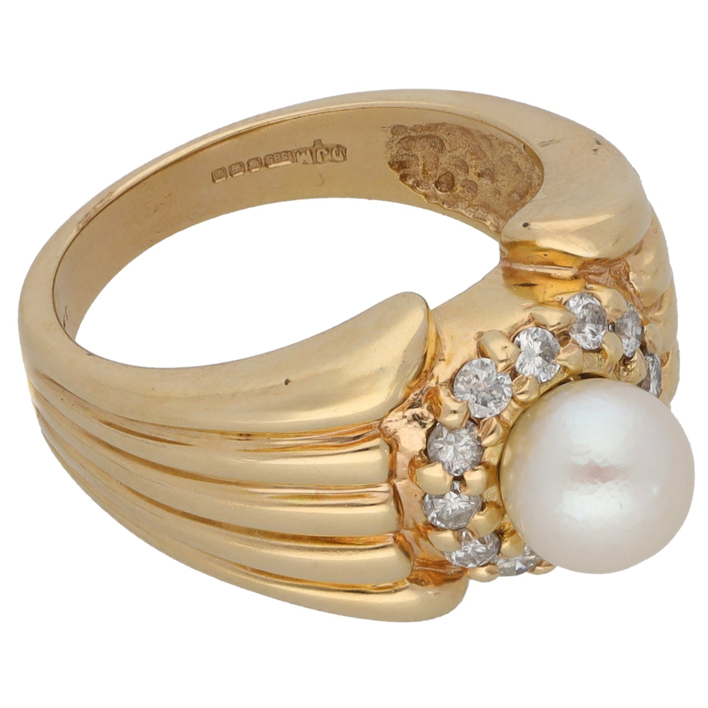 14ct Gold Cultured Pearl & 0.24ct Diamond Dress/Cocktail Ring Size L