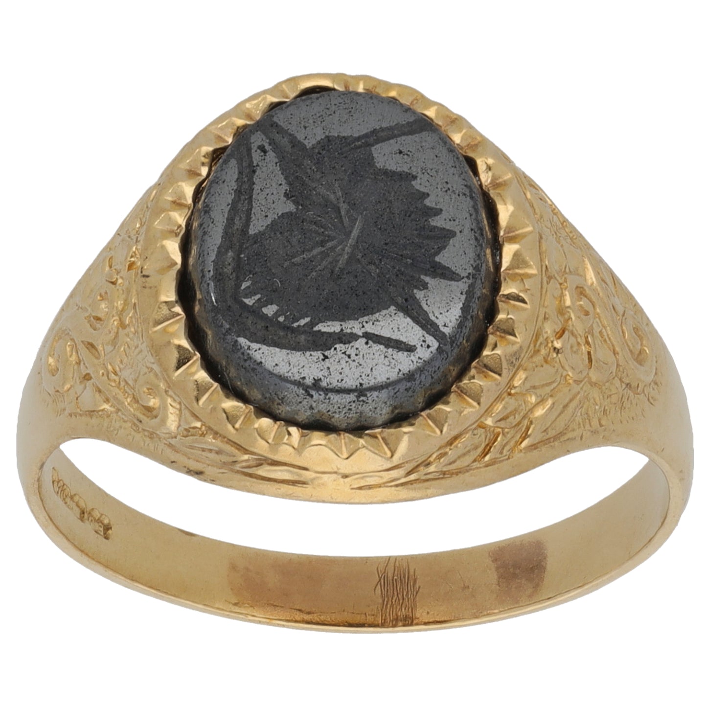 9ct Gold Haematite Patterned Signet Ring Size T