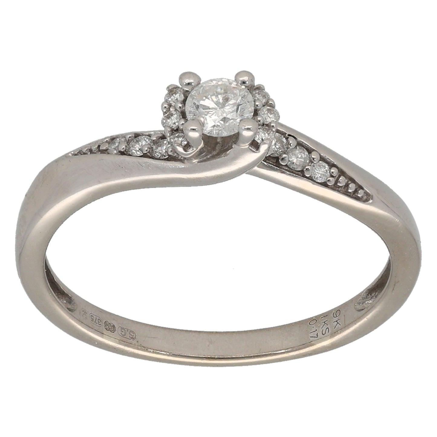 9ct White Gold 0.17ct Diamond Solitaire Ring With Accent Stones Size L