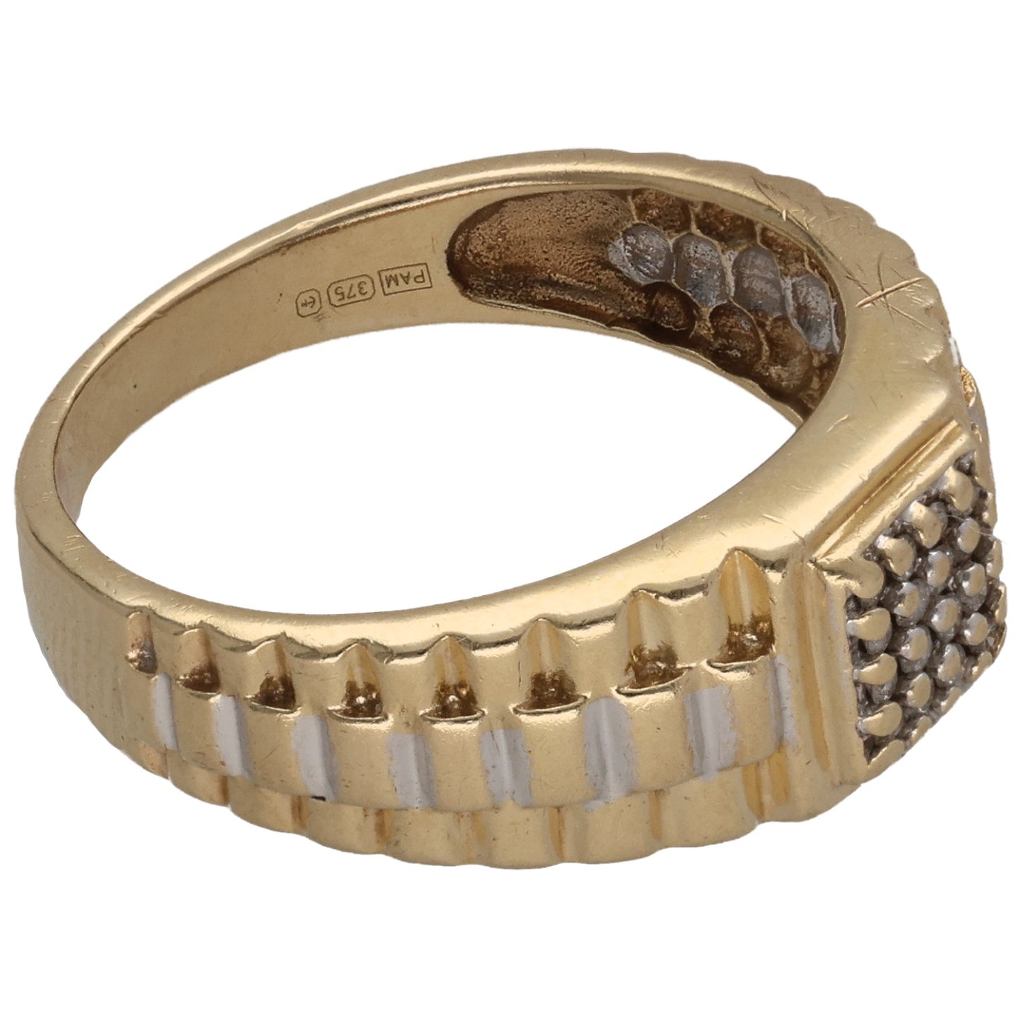 9ct Gold 0.08ct Diamond Patterned Signet Ring Size P