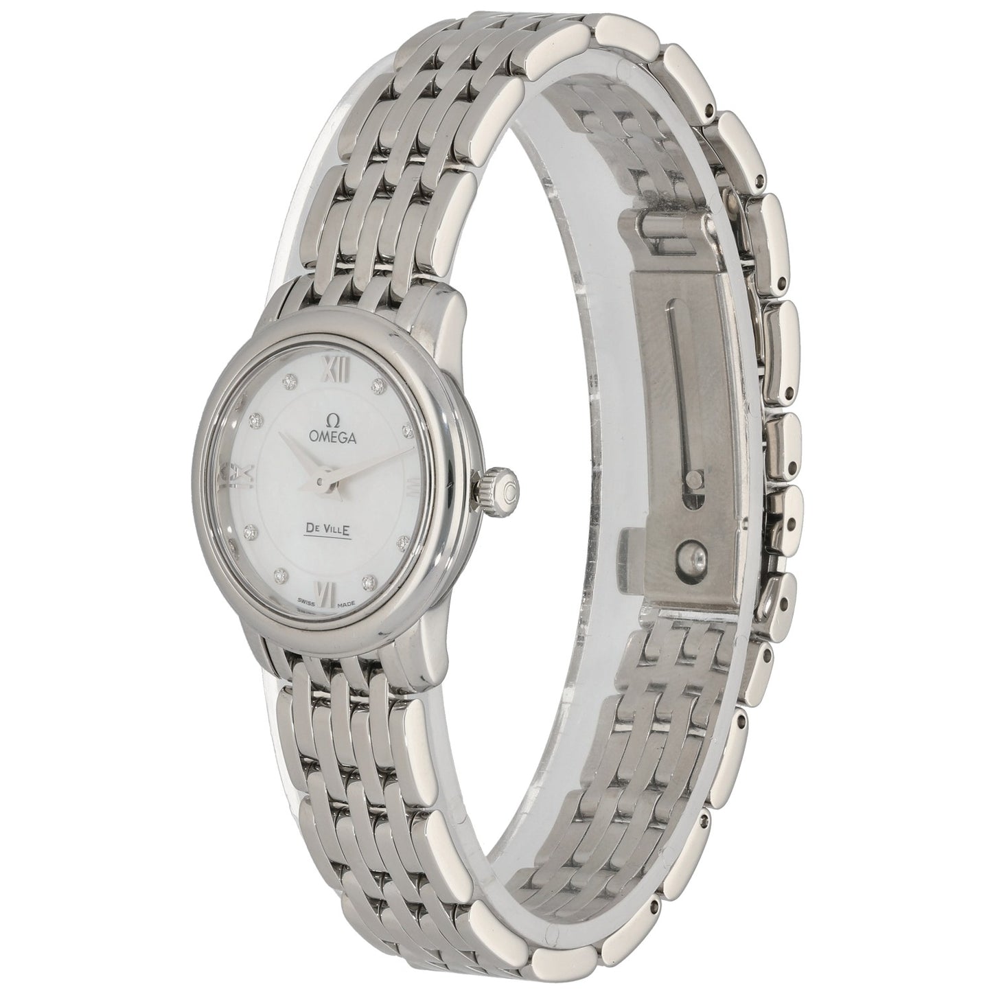 Omega De Ville 424.10.24.60.55.001 stainless steel watch angled view, round white dial, metal bracelet links