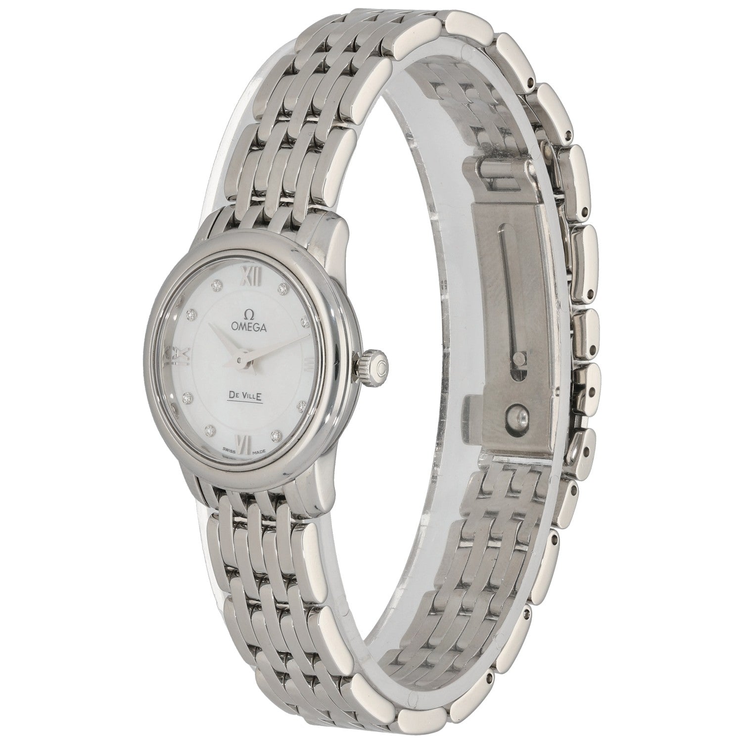 Omega De Ville 424.10.24.60.55.001 stainless steel watch angled view, round white dial, metal bracelet links