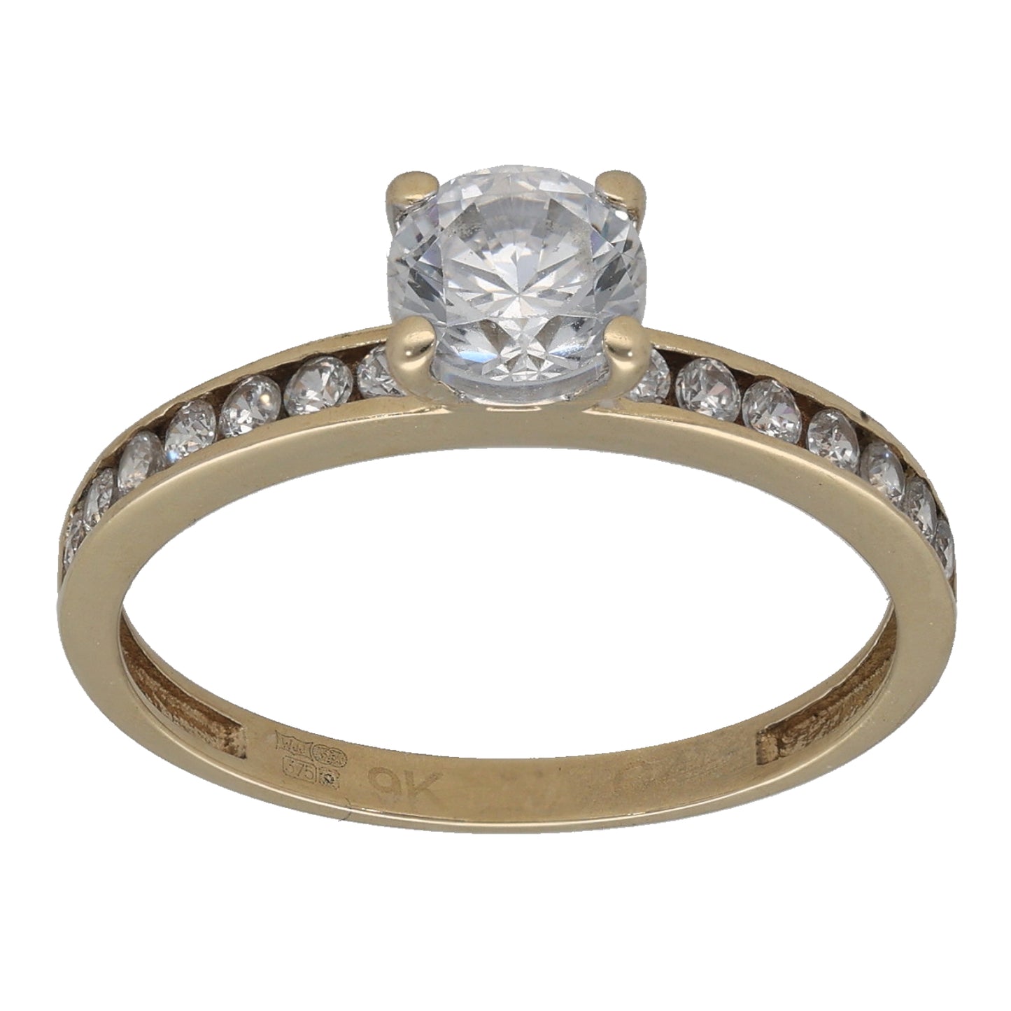 9ct Gold Cubic Zirconia Single Stone Ring with Accent Stones Size Q