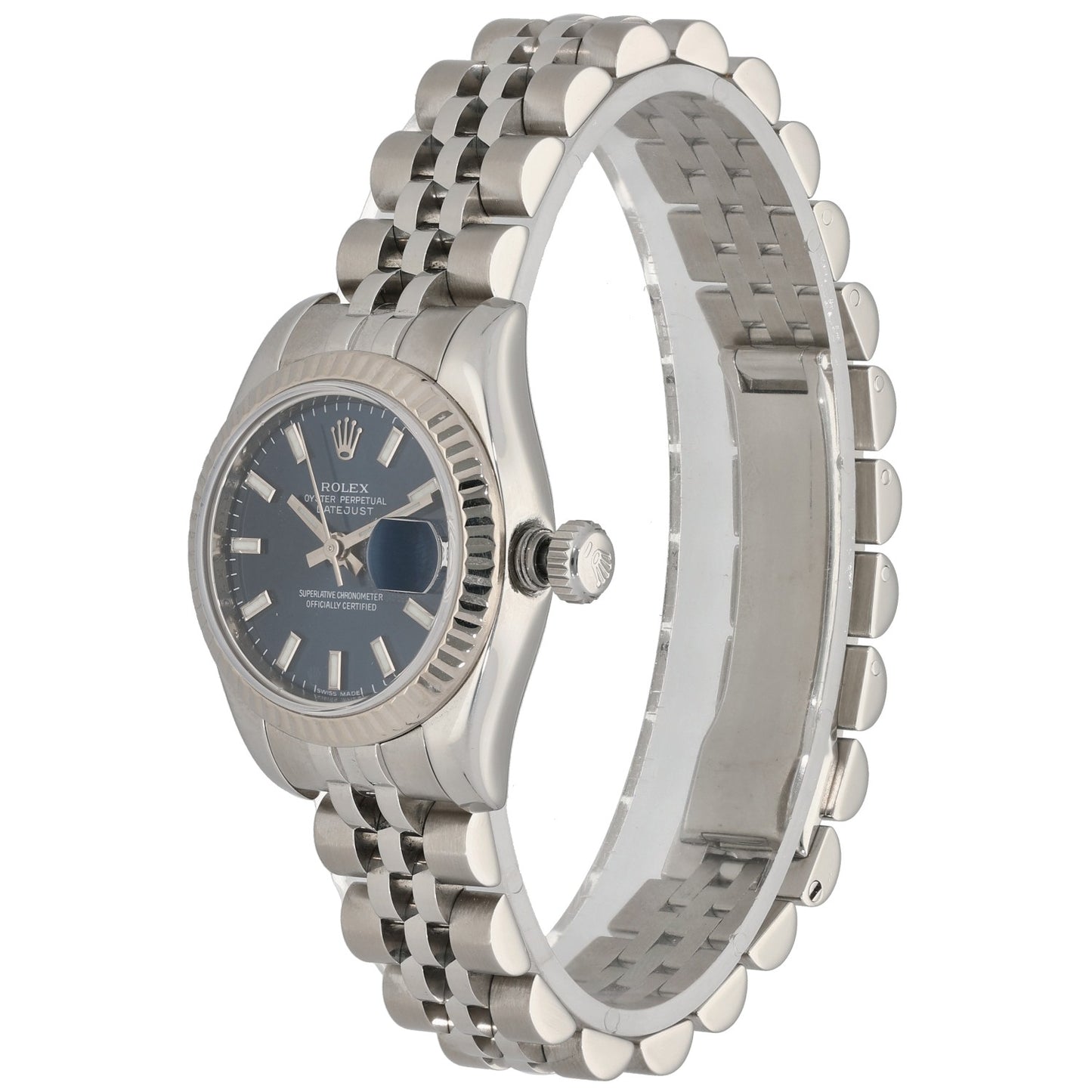 Rolex Datejust 179174 stainless steel watch side view with blue dial and jubilee bracelet