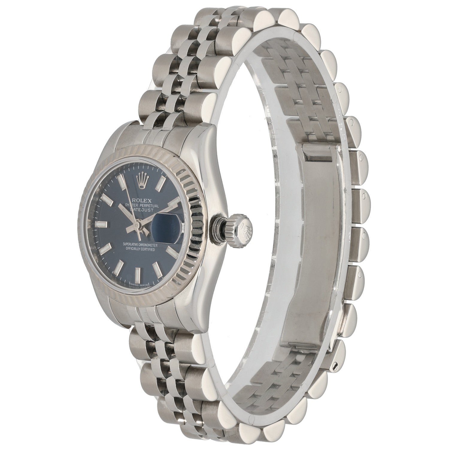 Rolex Datejust 179174 stainless steel watch side view with blue dial and jubilee bracelet