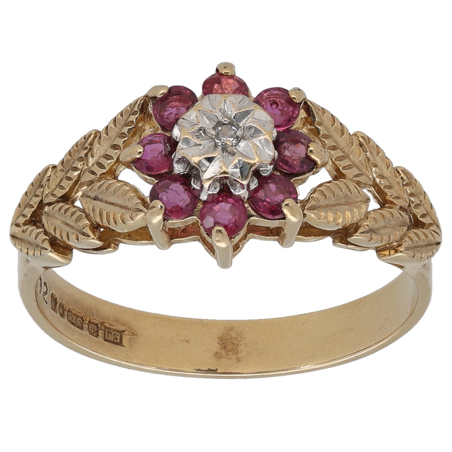 9ct Gold Ruby & 0.01ct Diamond Cluster Ring Size O