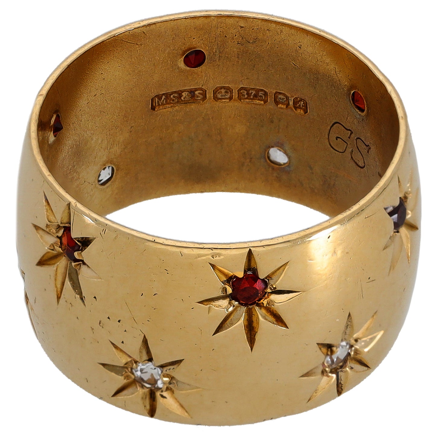 9ct Gold Garnet & Cubic Zirconia Patterned Wedding Ring Size K