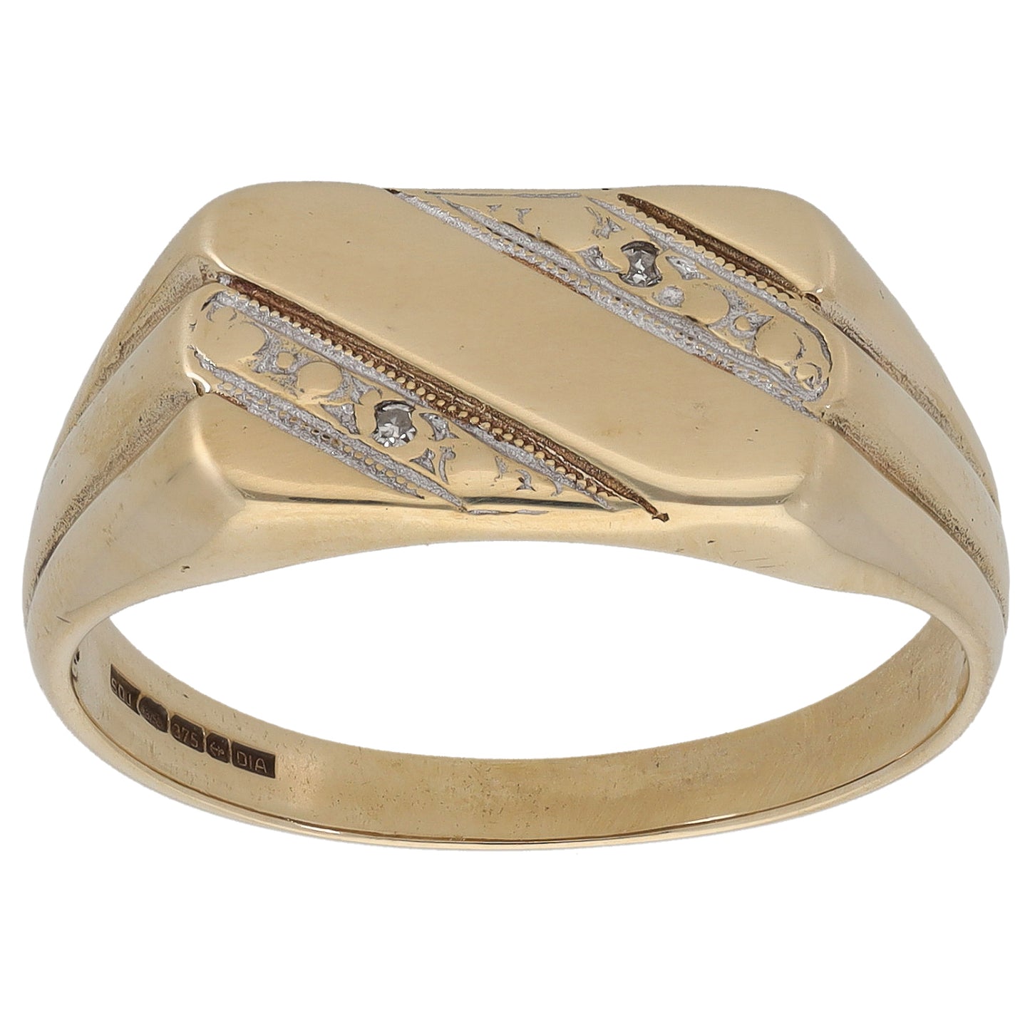 9ct Gold 0.01ct Diamond Patterned Signet Ring Size U