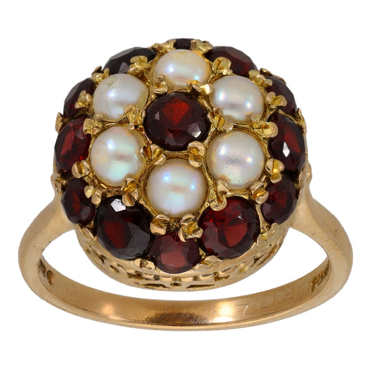 9ct gold cocktail ring with dark red garnets and multiple white cultured pearls on top