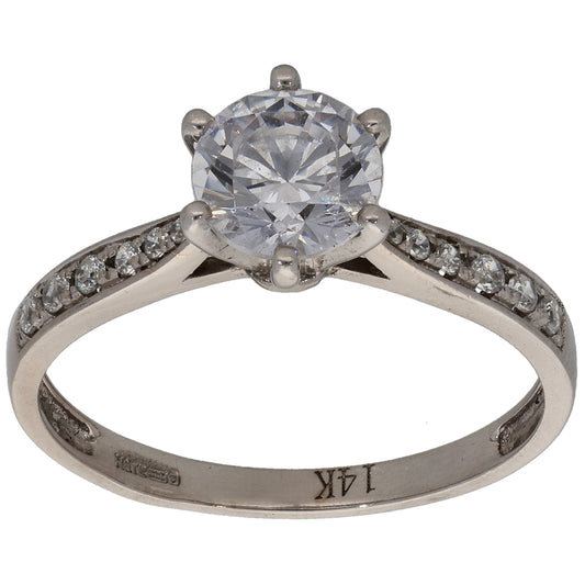 14ct White Gold Cubic Zirconia Solitaire Ring With Accent Stones Size O