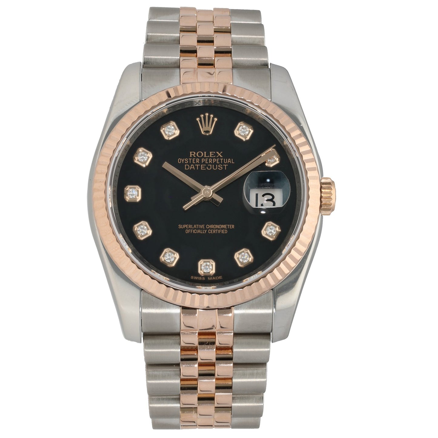 Rolex Oyster Perpetual 116231 bi-colour watch, black dial with diamond markers