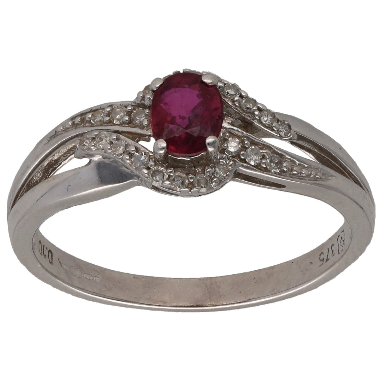 9ct White Gold Ruby & 0.10ct Diamond Dress/Cocktail Ring Size P