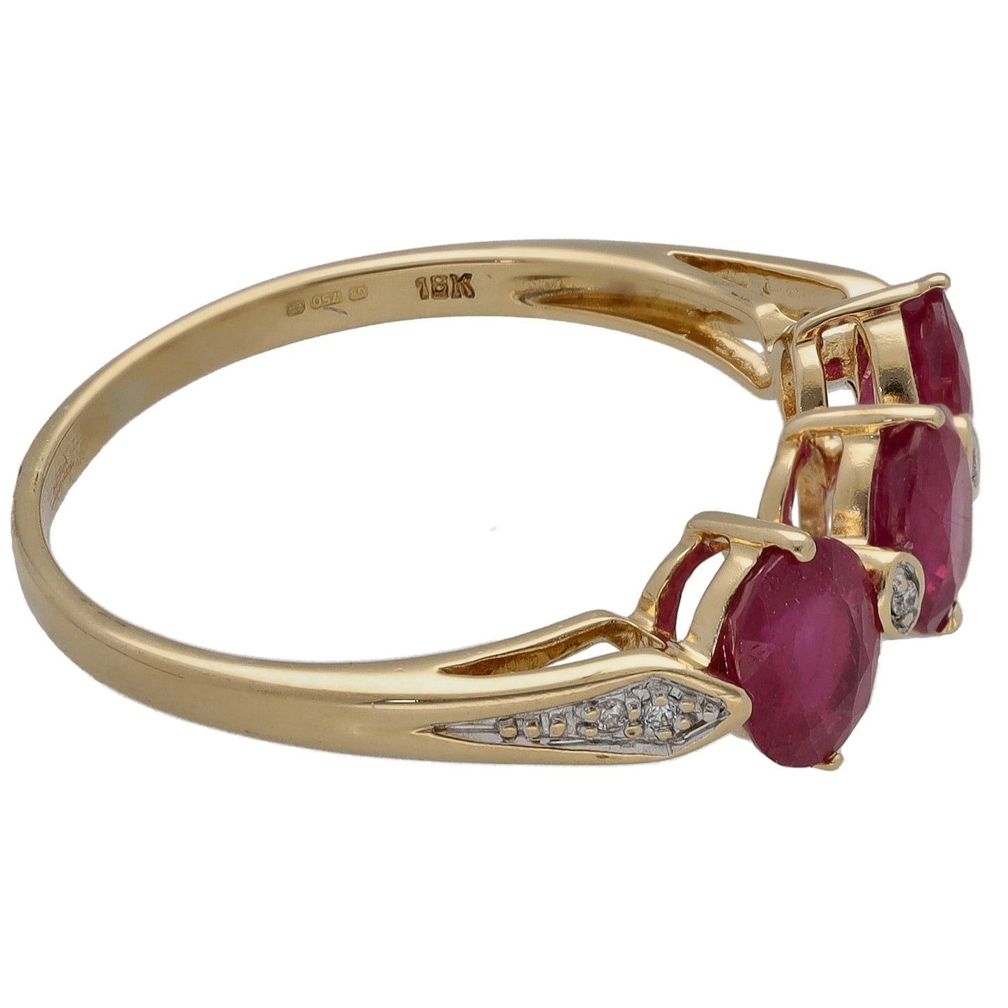 18k gold ring with ruby oval stones and prong-set round diamonds, side view