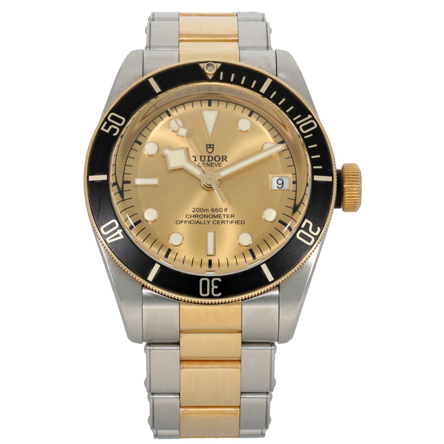 Tudor Heritage Black Bay, champagne dial inside a 41mm stainless steel case, with a gold and steel link bracelet.