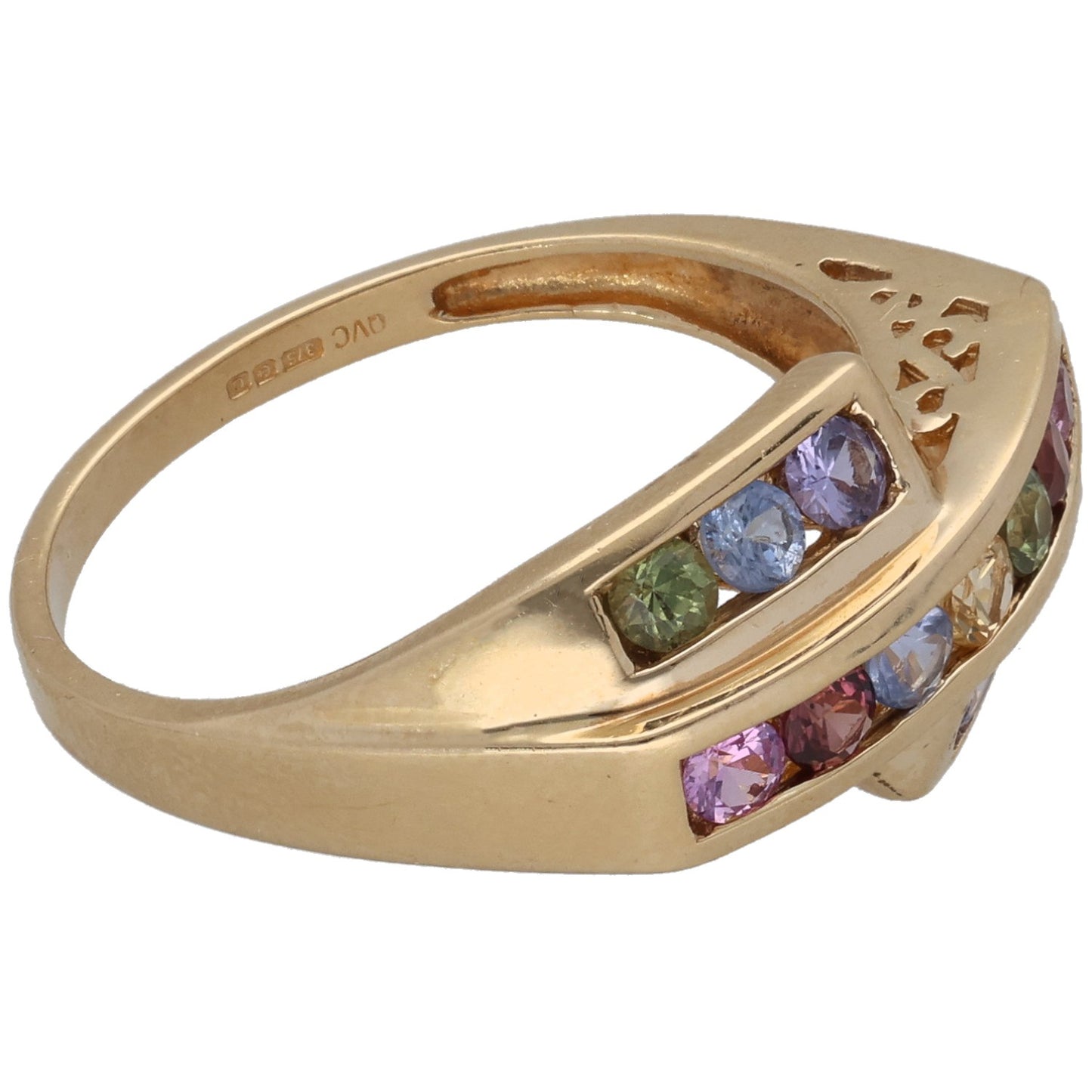 9ct yellow gold ring with blue and purple stones, openwork side cutouts