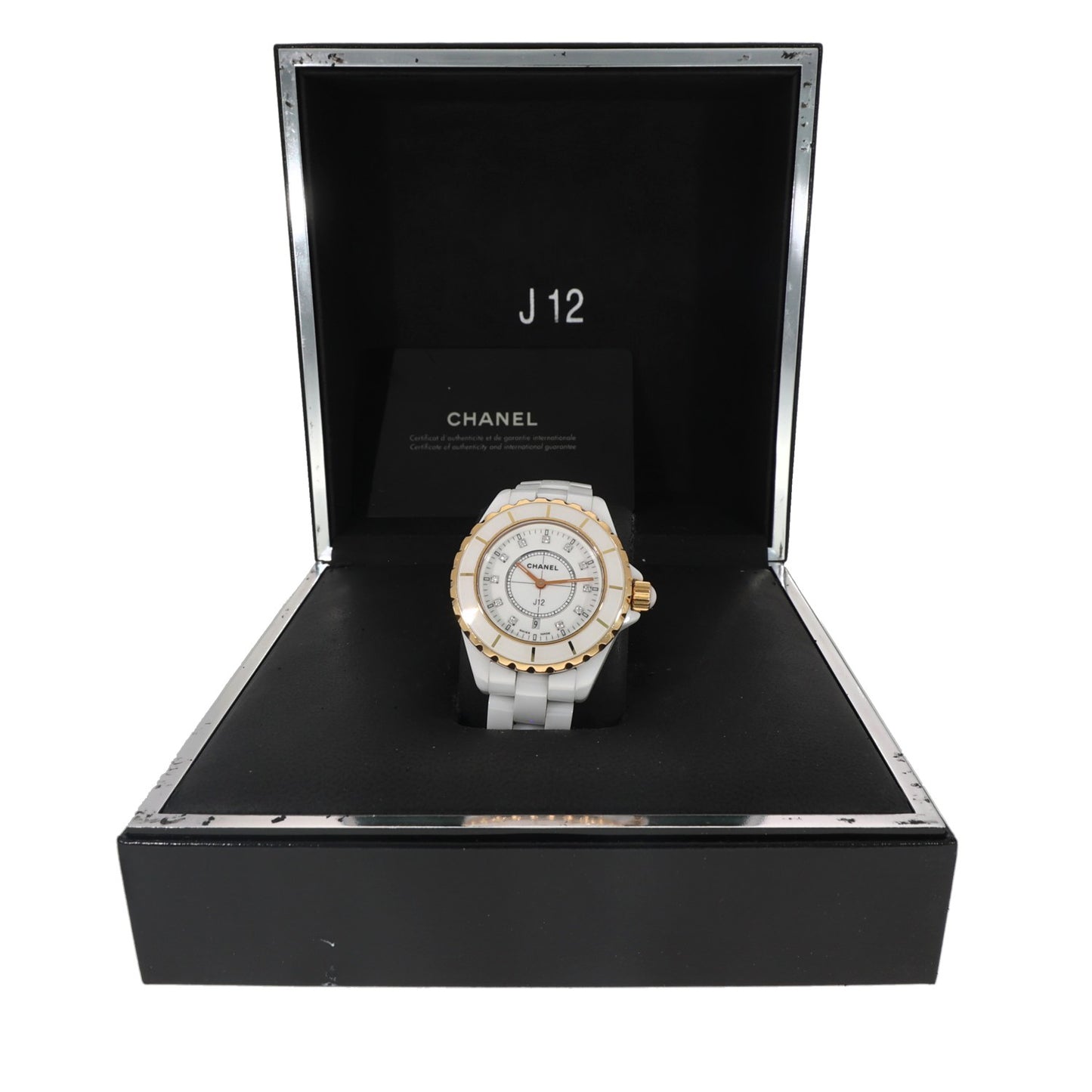 cahnel j12, white ceramic case and bracelet, gold bezel, diamond hour markers, box image