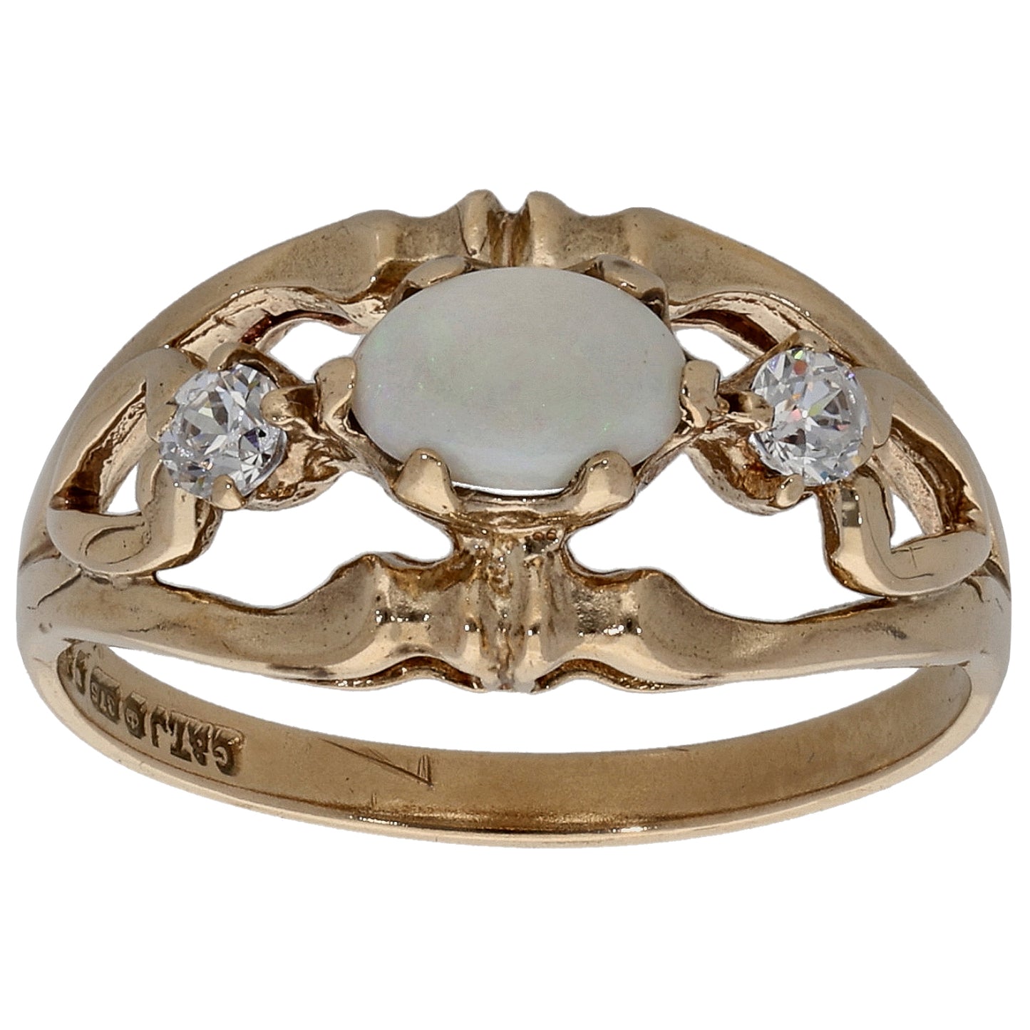 9ct Gold Opal & Cubic Zirconia Trilogy Ring Size L