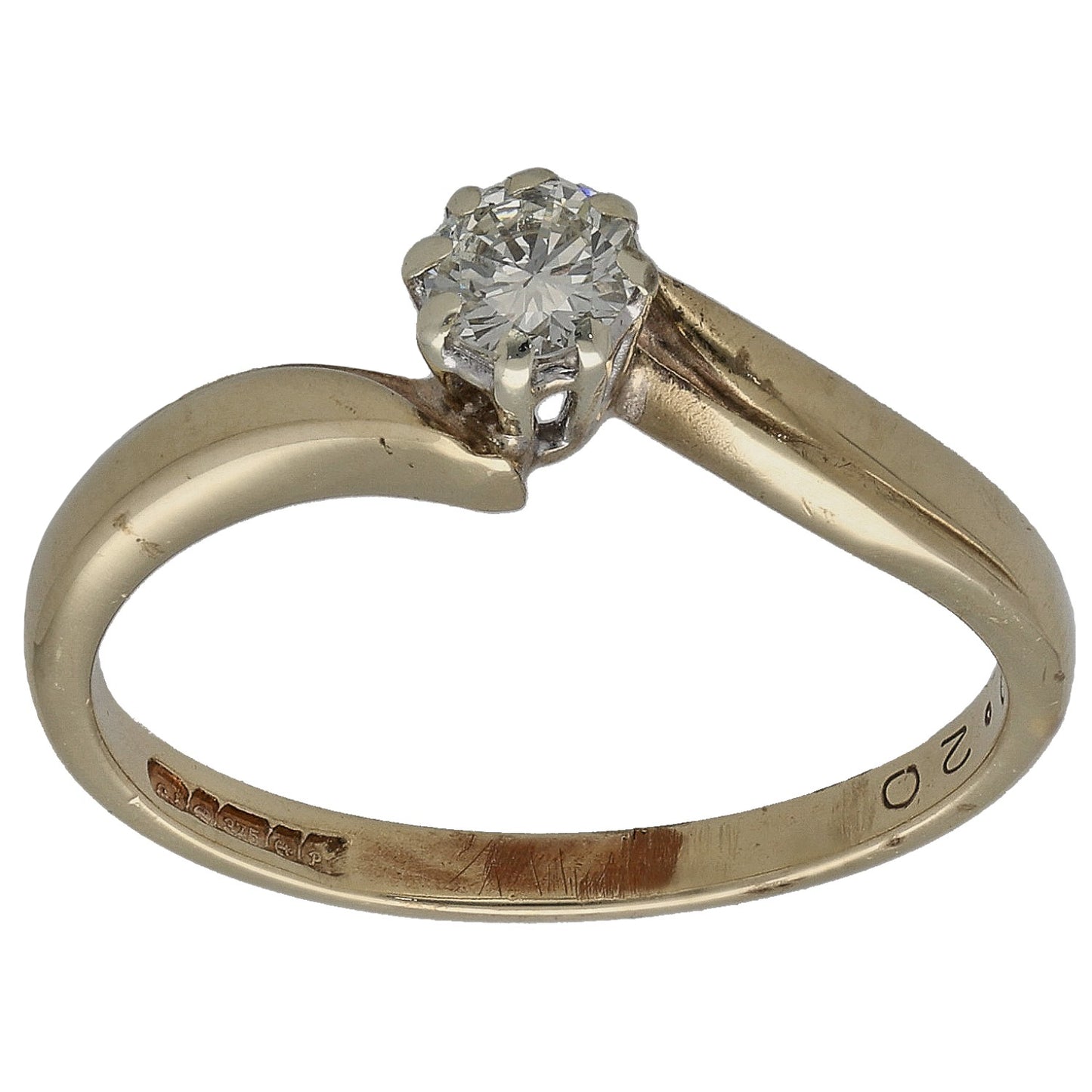 9ct gold solitaire ring with round diamond center, four prongs