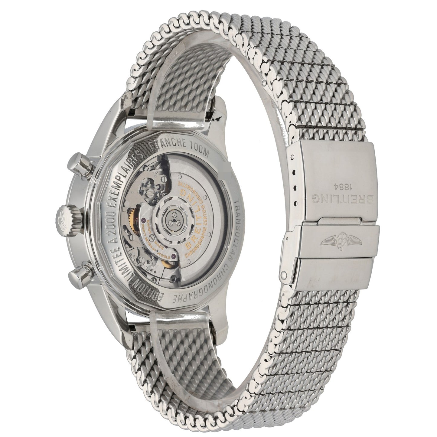 Breitling Transocean Chronograph GMT AB0451, open caseback showing watch movement