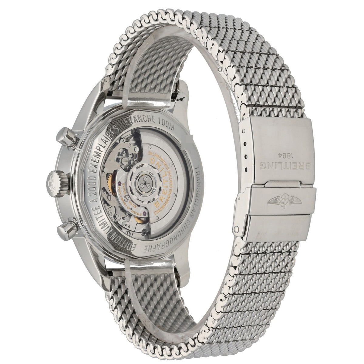 Breitling Transocean Chronograph GMT AB0451, open caseback showing watch movement