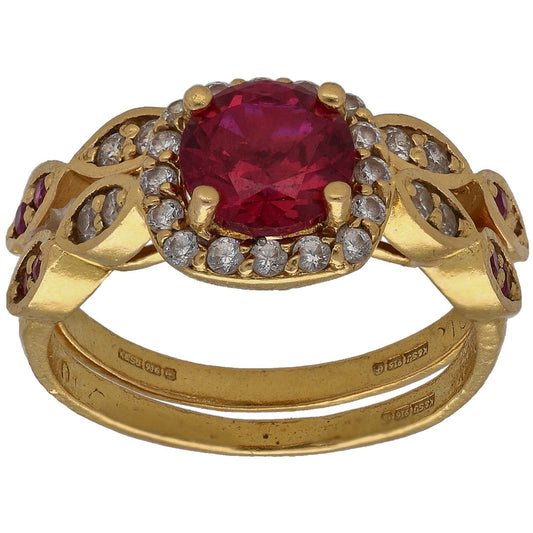22ct Gold Man Made Ruby & Cubic Zirconia Ring Set Size K
