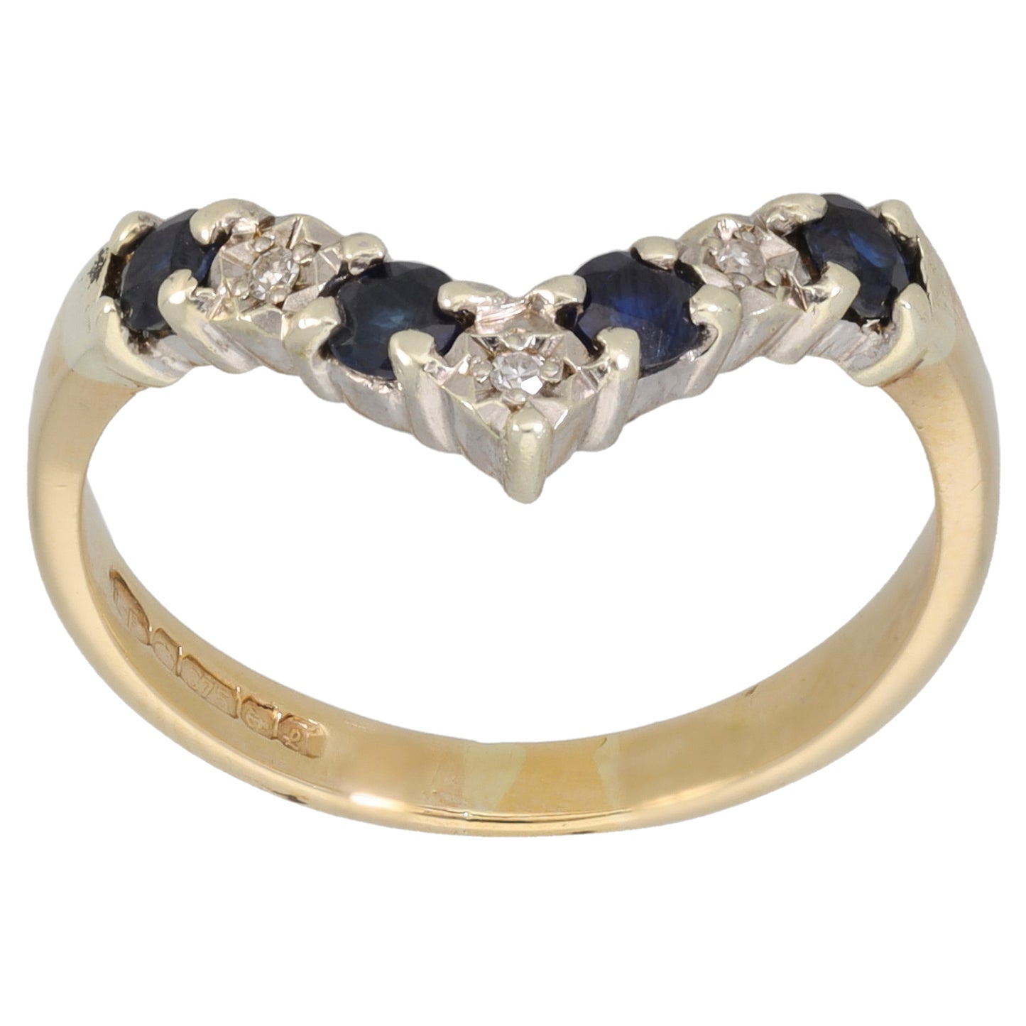 9ct Gold Sapphire & 0.03ct Diamond Wishbone Ring Size P