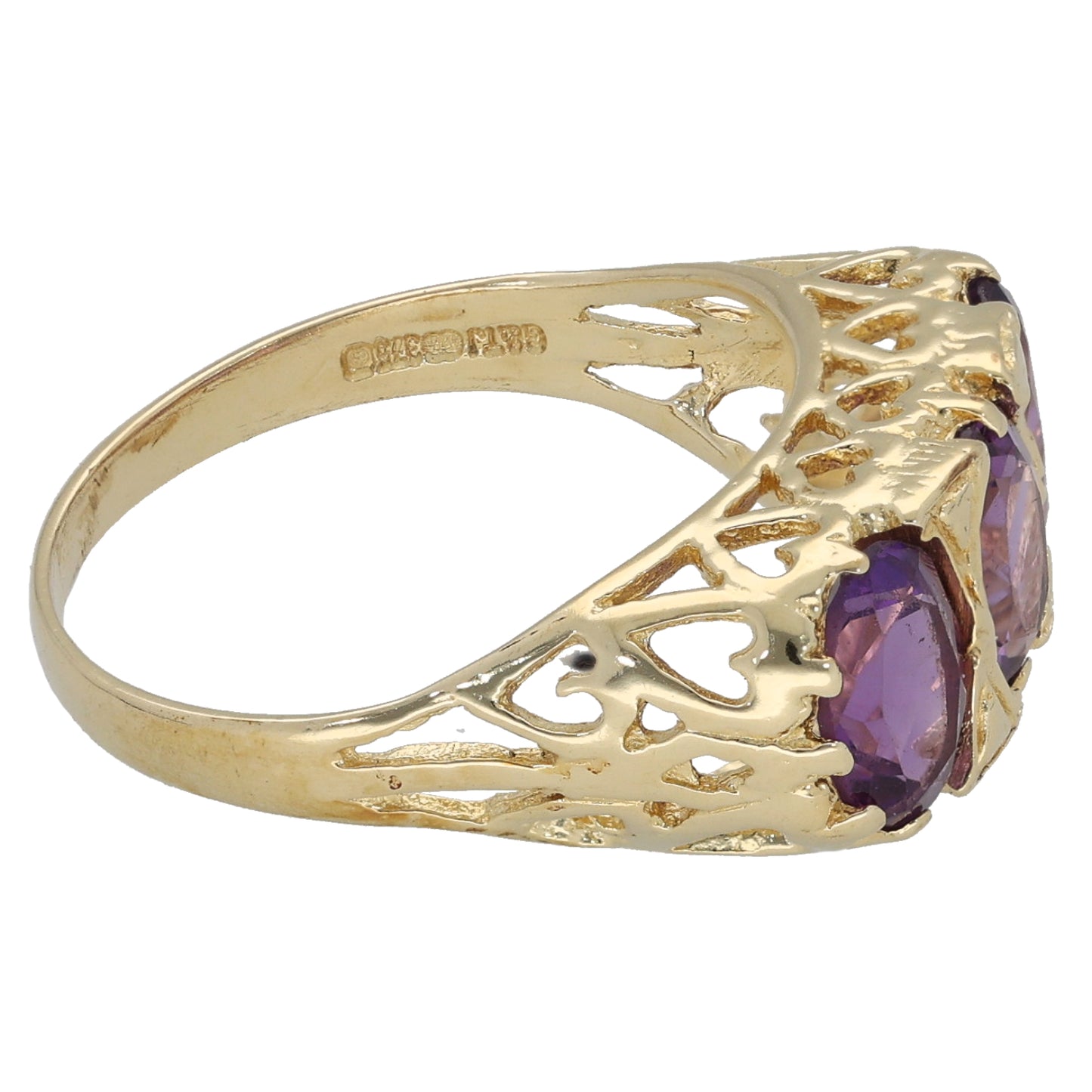 9ct Gold Amethyst Three Stone Ring Size M