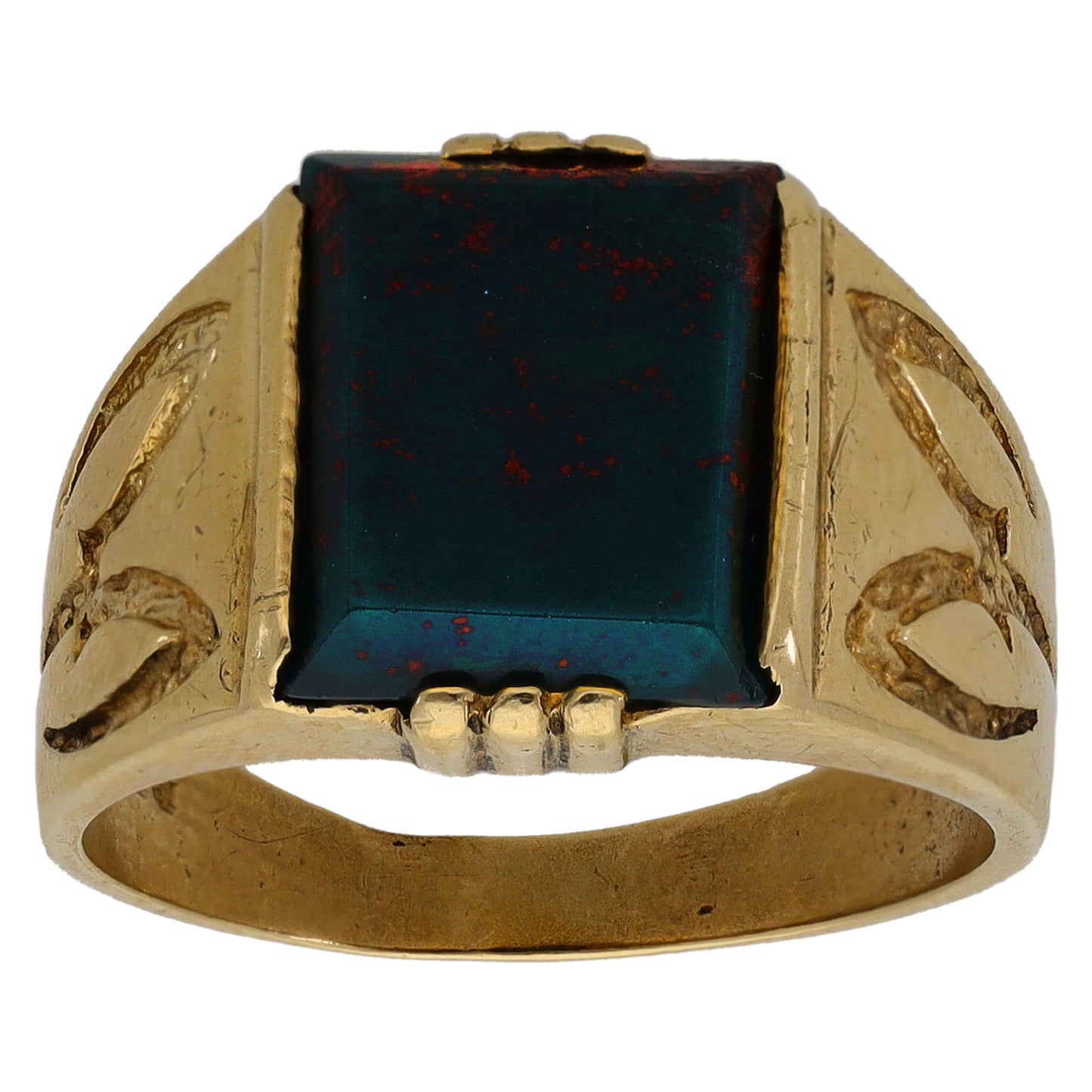 9ct Gold Bloodstone Patterned Signet Ring Size Q