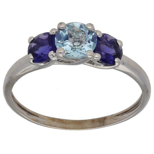 9ct White Gold Aquamarine & Iolite Trilogy Ring Size S