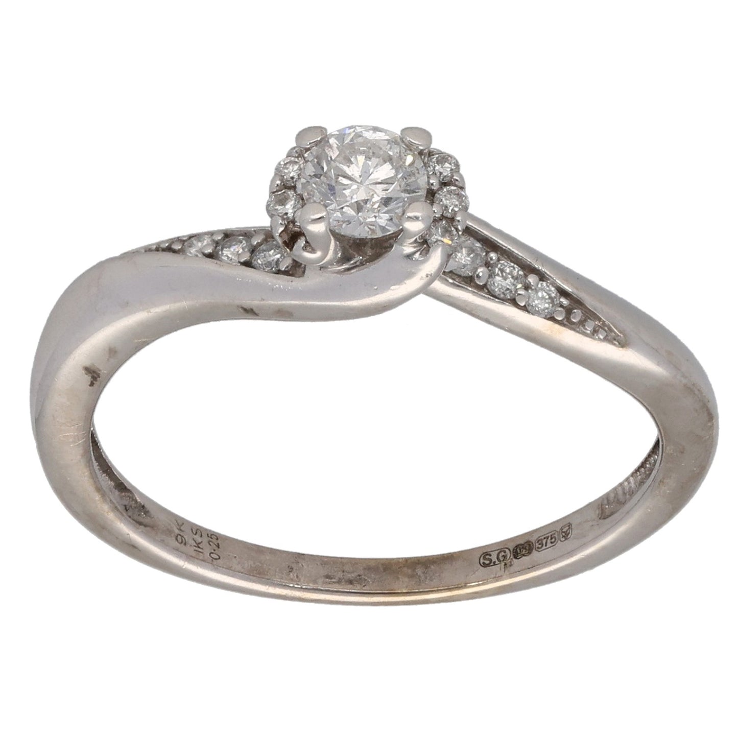 9ct White Gold 0.25ct Diamond Solitaire Ring With Accent Stones Size N
