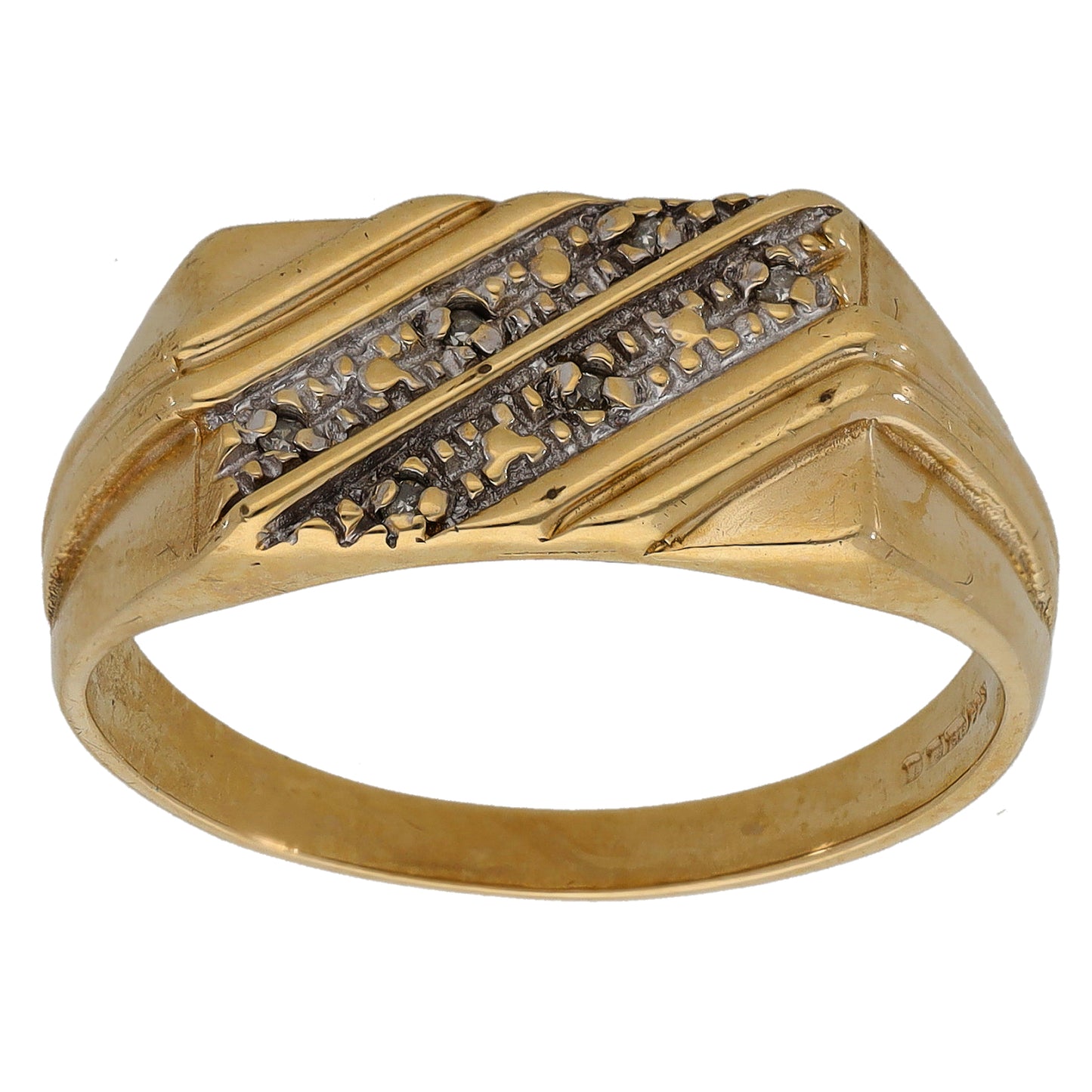 9ct Bicolour Gold 0.01ct Diamond Patterned Signet Ring Size W