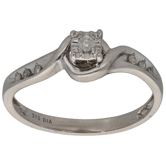 9ct White Gold 0.06ct Diamond Solitaire Ring With Accent Stones Size K