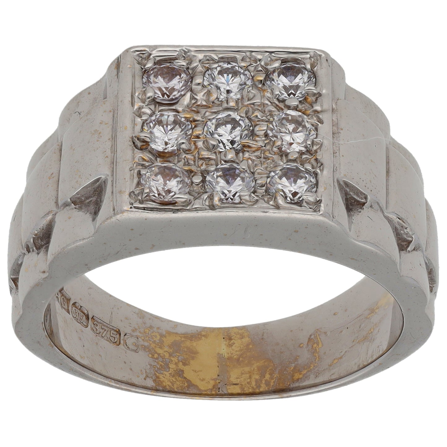 9ct White Gold Cubic Zirconia Patterned Signet Ring Size U